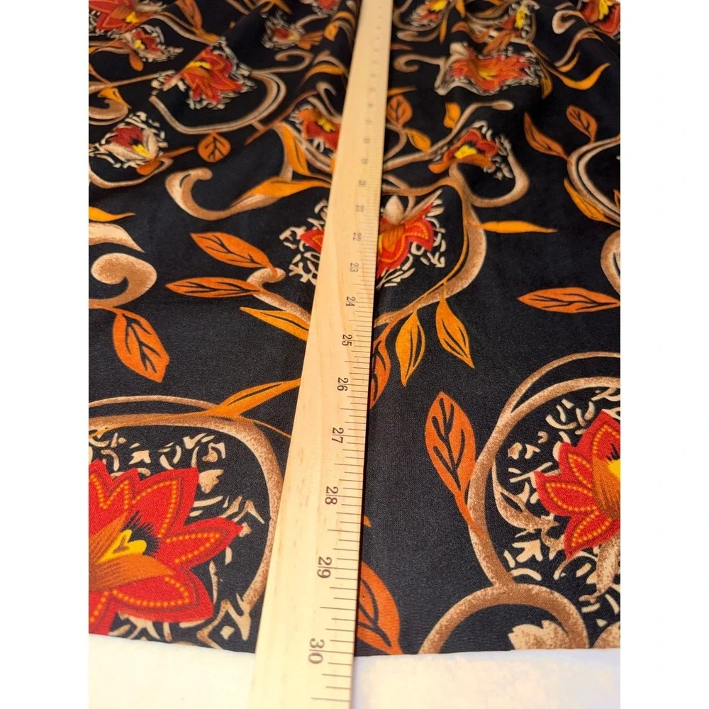 VTG Nikki Women Floral Scroll Print Midi Skirt Black Orange Elastic Waist‎ L